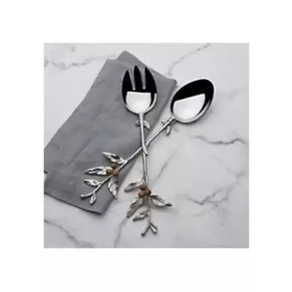 Fitz & Floyd Woodgrove Silver Tone Salad Serving Set Fork & Spoon Twigs